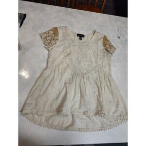 Gretty Zueger Blouse Women's Short Sleeve Tunic Lace burnout sleeves Ecru Medium